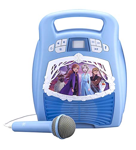 eKids Frozen 2 Bluetooth Portable MP3 Karaoke Machine Player with Light Show Store Hours of Music with Built in Memory Sing Along Using The Real Working Microphone USB Port to Expand Your Content