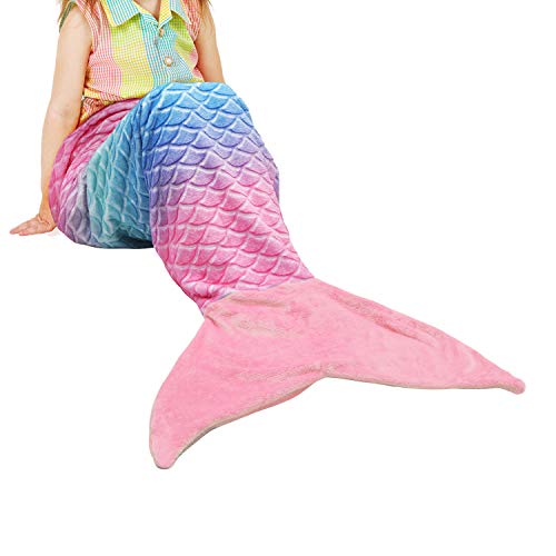 Catalonia Kids Mermaid Tail Blanket,Super Soft Plush Flannel Sleeping Snuggle Blanket for Teen Girls,Rainbow Ombre,Fish Scale Pattern,Gift Idea