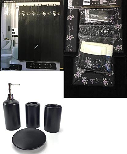 WPM 22 Piece Bath Accessory Set Beverly Black Flower Bath Rug Set + Shower Curtain & Accessories