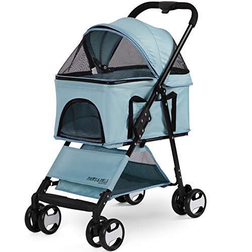 Paws & Pals Dog Stroller Easy to Walk Folding Travel Carriage for Pets & Cats with Detachable Carrier - Blue