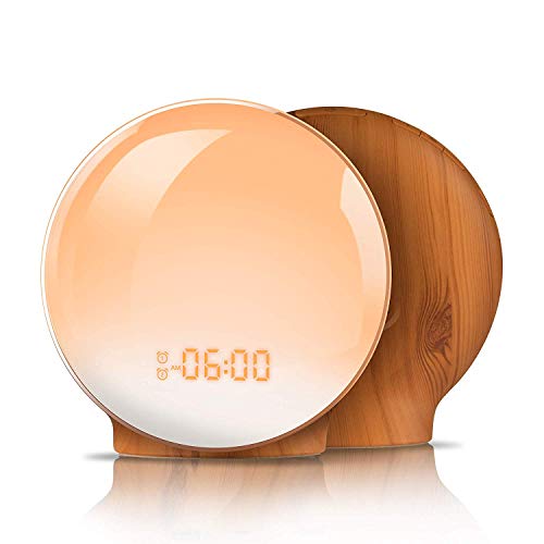 Wake Up Light,TITIROBA Sunrise Simulation Dual Alarms Clock Aid Sleep Snooze Function 8 Colors Night Light 7 Natural Sounds & FM Radio,USB Charge Port-AM/PM Wood Grain