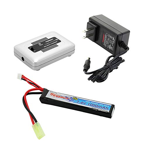 Tenergy Airsoft Battery 7.4V 1000mAh High Capacity LiPo Stick Battery Pack 20C High Discharge Rate Hobby Battery Pack w/Mini Tamiya Connector + LiPo/Life Balance Charger 1-4 Cells for Airsoft Guns