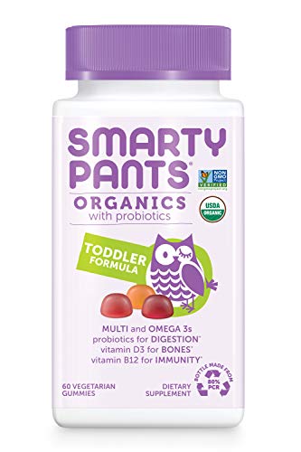 Daily Organic Gummy Toddler Multivitamin: Probiotic, Vitamin C, D3 & Zinc for Immunity, Omega 3, Selenium, Biotin, B6, Methyl B12 for Energy by SmartyPants (60 Ct, 30 Day Supply)Packaging May Vary