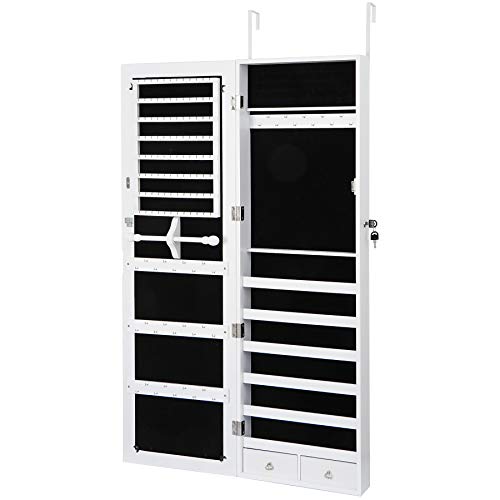 SUPER DEAL Jewelry Armoire Lockable Jewelry Cabinet Wall/Door Mounted Jewelry Organizer with Full Length Mirror and Drawers - 14.5W x 48H in - Frosty White (White)