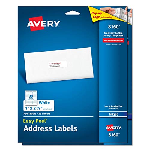 Avery 8160 Easy Peel Address Labels for Inkjet Printers, 1 x 2 5/8 Inch, White, 750 Count (Pack of 2)