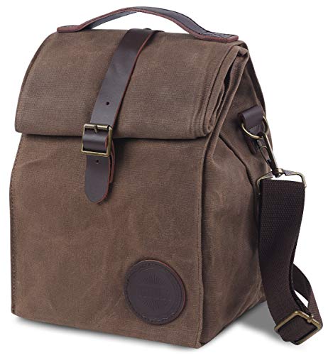 Insulated Waxed Canvas Lunch Bag by ASEBBO, 10L Lunch Box for Women, Men with Genuine Leather Handle and Strong Buckle-Closure to Keep Your Food Cool, Lunch Tote, Adjustable Strap (Brown 2.0 IMPROVED)