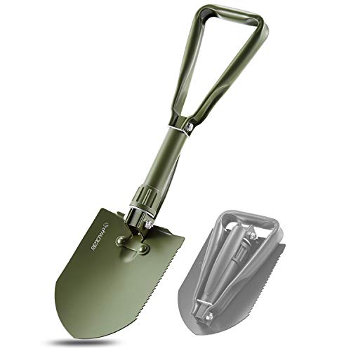 REDCAMP Military Folding Camping Shovel，High Carbon Steel Entrenching Tool Tri-fold Handle Shovel with Cover，Green 2.5lbs