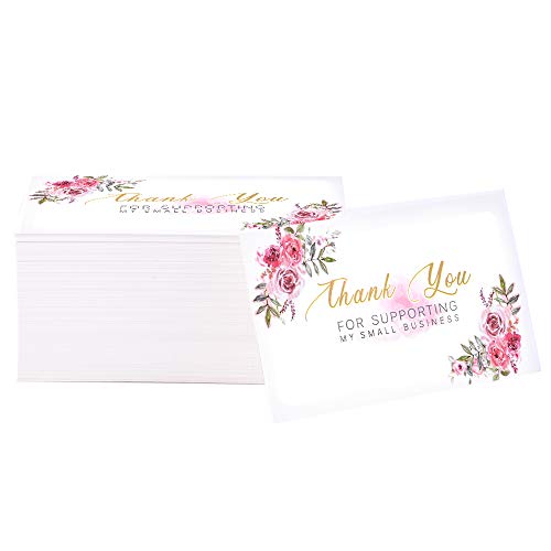 Thank You for Your Business Card (Business Card Sized 2'x3.5') 120 Sheets- Faux Gold and Pink Bulk Postcards Purchase Inserts to Support Small Business (White,Pink)