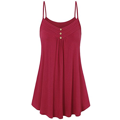 Aniywn Plus Size Vest Women Summer Loose Button V Neck Solid Color Pleated Cami Tank Tops Vest Blouse Red