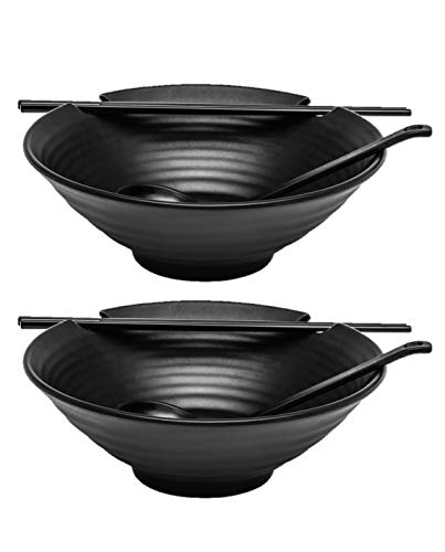 2 x Ramen Bowl Set (Black Melamine), 6pcs Japanese Style Soup Bowls Set with Chopsticks, Ladle Spoons Set and Large 37 oz Bowl for Ramen, Noodles- Patent Pending
