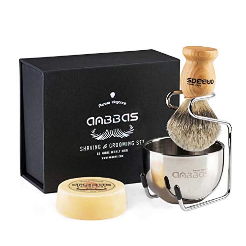 Shaving Brush Set, 4pcs Anbbas Pure Badger Hair Brush Solid Wood Handle with Goat Milk Shaving Soap 100g,Stainless Steel Shaving Stand and 2 Layers Shaving Bowl Kit Perfect for Men Gift