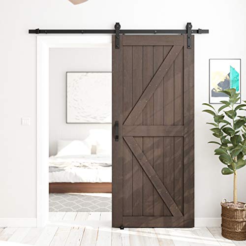 SMARTSTANDARD 36in x 84in Sliding Barn Door with 6.6ft Barn Door Hardware Kit & Handle, Pre-Drilled Ready to Assemble, DIY Unfinished Solid Spruce Wood Panelled Slab, K-Frame, Brown