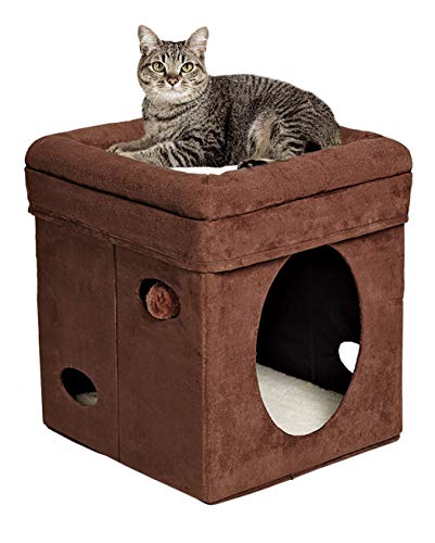 MidWest 137-BR 'The Original' Curious Cat Cube, Cat House / Cat Condo in Brown Faux Suede & Synthetic Sheepskin