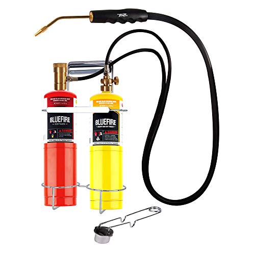 BLUEFIRE Oxygen MAPP/Propane Cutting Torch kit, Free Accessory of Flint Lighter and Cylinder Holder Rack, Duel Fuel by Oxygen and MAPP PRO/Propane, Welding Brazing Soldering,Gas Cylinders Not Included