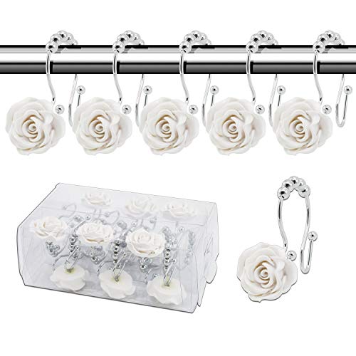 BEAVO Rose Shower Curtain Hooks,12 Pcs Double Glide Shower Curtain Rings Stainless Steel Rustproof Decorative Shower Hook Ring with Resin Rose Flower for Bathroom Shower Rods (White)