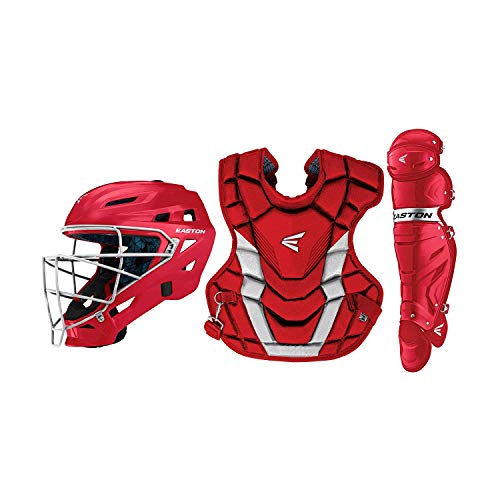 EASTON GAMETIME Baseball Catchers Equipment Box Set | Adult | Red | 2020 | Large Helmet | 17 in Chest Protector + Commotio Cordis Foam| 16.5 in Leg Guards | Steel Cage | NOCSAE Approved All Levels