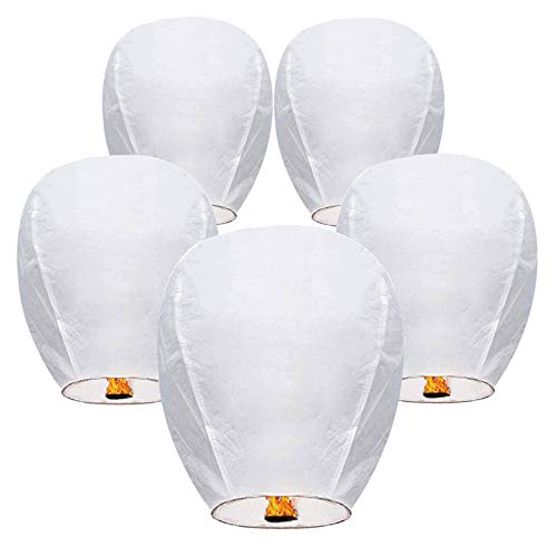 5 Pack Chinese Paper Lanterns, Sky Lanterns, 100% Biodegradable Environmentally Friendly Paper Lanterns for Party, Celebrations, Weddings, New Years, Festivals, Memorial Ceremonies (White)