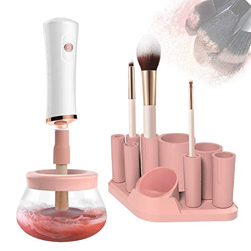 UpgradedMakeup Brush Cleaner Dryer, Electric Spinner, with 8 Sizes of Rubber Collars, Super-Fast Automatic Machine, Battery Operated, Pink