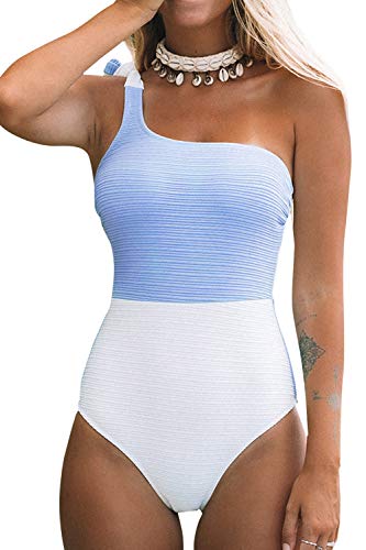 CUPSHE Women's Color Block One Shoulder Bowknot One Piece Swimsuit Blue