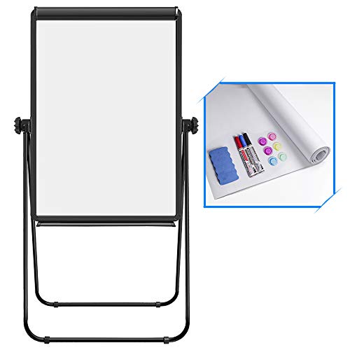 Stand White Board, Magnetic Dry Erase Board 40 x 28 inches Flipchart Pad Double Sided, Height Adjustable Portable Whiteboard with Paper Pad, 1 Eraser, 3 Markers, 6 Magnets, Black