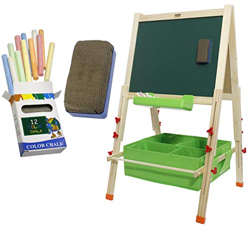 VViViD Premium Double-Sided Whiteboard and Blackboard Wooden Kid’s Drawing Easel Stand Including Art Accessory Bundle