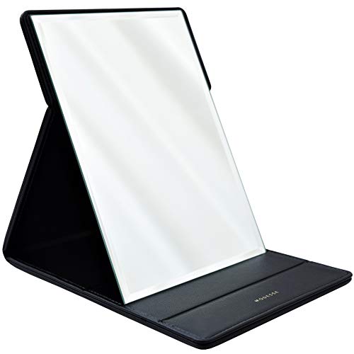MODESSE Premium Portable Makeup Mirror (Black) | Perfect for Travel, Home Vanity, Office Desk | Large Size, Folding Design with Stand for Tabletop, Vegan Leather | Beauty Gifts for Bridesmaids