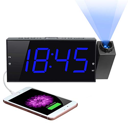Projection Digital Alarm Clock for Bedroom, Projector Clock,Large 7” LED Display&Dimmer, USB Charger, Adjustbale Ringer,12/24H,Plug in Wall Ceiling Clock,Loud Dual Alarms for Heavy Sleeper Kid Elderly