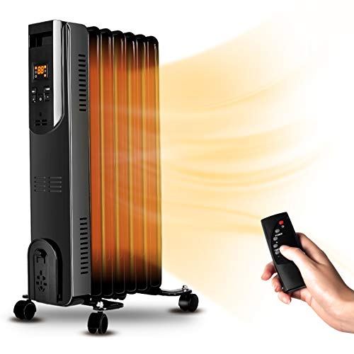 Electric Radiator Heater - 1500W Oil Space Heater with Remote, Allergy-Friendly, No Noise, Dual-Safety Protection, Oil Filled Heater with Digital Thermostat, Full Room Heater Indoor Portable Electric