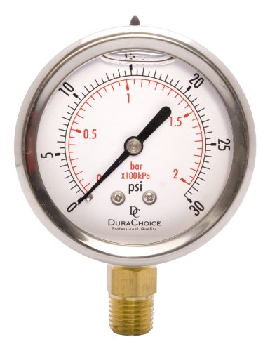 DuraChoice 2-1/2' Oil Filled Pressure Gauge - Stainless Steel Case, Brass, 1/4' NPT, Lower Mount Connection 0-30PSI