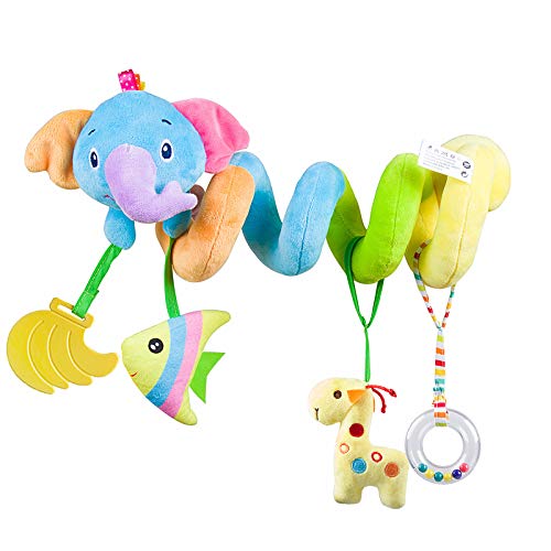 caterbee Car Seat Toys, Baby Activity Spiral Plush Stroller bar Toy Accessories, Crib Toys with Bell for boy or Girl, Hangings Rattle Toy (Blue-Elephant)
