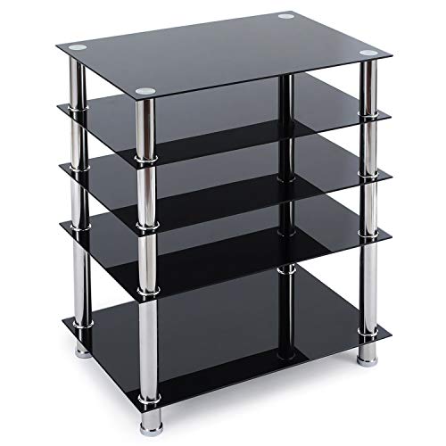 Rfiver AV Component Media Stand Stereo Cabinet, Modern Audio-Video Tower with 5-Tier Black Tempered Glass Entertainment Shelves Storage, Easy Assembly and Sturdy Rack