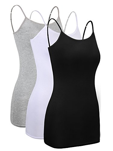 WILLBOND 3 Pieces Women Basic Long Tanks Adjustable Spaghetti Strap Camisole Top (Grey, White and Black, X-Large)