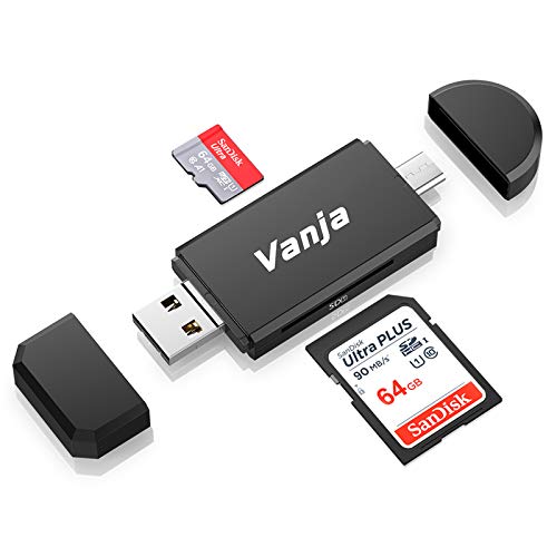 Vanja Type C Card Reader, 3-in-1 USB 2.0 Portable Memory Card Reader and Micro USB to USB C OTG Adapter for SDXC, SDHC, SD, MMC, RS-MMC, Micro SDXC, Micro SD, Micro SDHC Card and UHS-I Cards (Black)