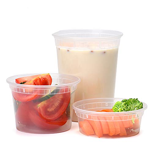 Glotoch Food Storage Containers with Lids 8oz, 16oz, 32oz Freezer Deli Cups Combo Pack, 48 Sets Mixed size BPA-Free Leakproof Round Clear Takeout Container Meal Prep Microwave/Dishwasher/Freezer Safe