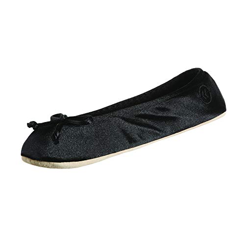 isotoner womens Satin Ballerina With Bow, Suede Sole Slipper, Black Soft Tie Bow, 8 9 US