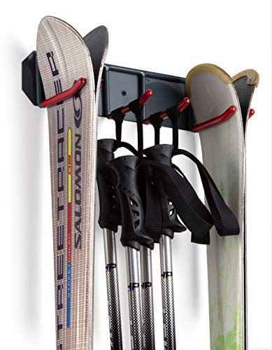 Wall Mounted Rack Organizer for Skis and Poles Heavy Duty Horizontal Wall Ski Rack Garage Storage with Metal Frame and Padded Hooks Indoors Outdoors Premium Wall Hooks (Medium Holds 2 Set of Ski's)