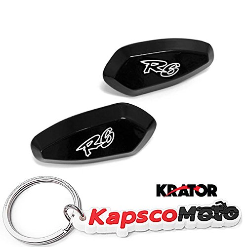 Krator Mirror Block Off Plates Logo Engraved Black Set for Yamaha YZF R6 (1999-2007) 2000 2001 2002 2003 2004 2005 2006 + KapscoMoto Keychain