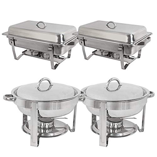 Stainless Steel 2 Round Chafing Dish + 2 Rectangular Chafers W/Water Pan, Food Pan, Fuel Holder and Lid