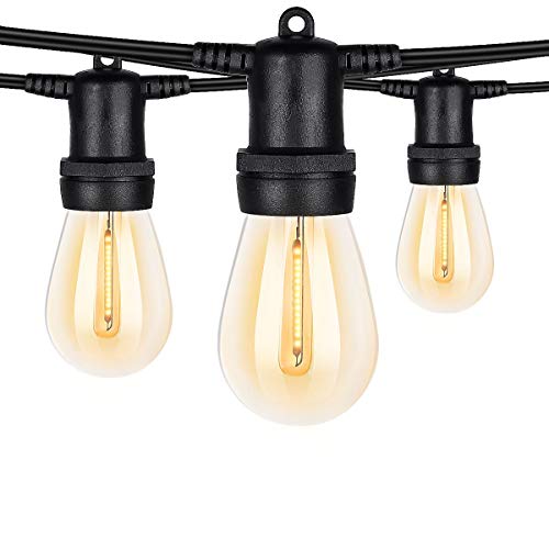 LED Outdoor String Lights, 48ft Outdoor Patio String Lights with Shatterproof Plastic Edison Vintage Bulbs, Commercial Grade Weathproof, 15 Hanging Sockets for Porch Bistro Café Backyard