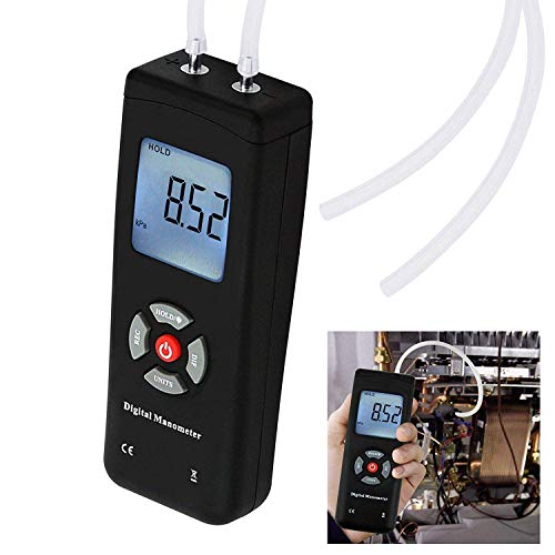 Digital Handheld Manometer HVAC Air Vacuum/Gas Differential Pressure Gauge Meter Tester 11 Units with Backlight, ±13.78kPa ±2PSI, 1-2 Pipes Ventilation Air Condition System Measurement