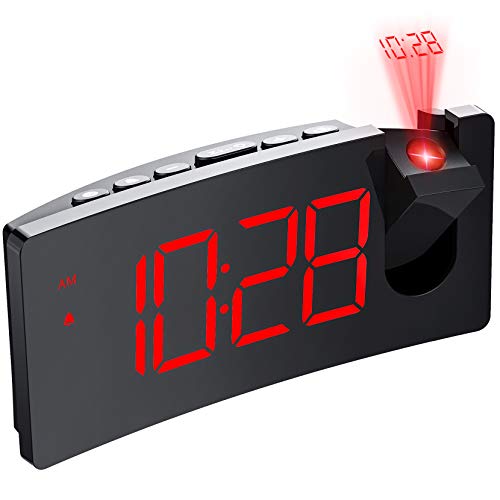 PICTEK Projection Alarm Clock, 4 Dimmer, Digital Clock with USB Phone Charger, Easy to Use, Clear Big Red Digit, 5'' LED Curved Screen, 180° Rotable, Digital Alarm Clocks for Bedrooms Ceiling, 12/24H