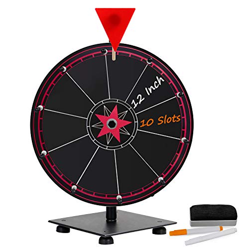 T-SIGN 12 Inch Heavy Duty Spinning Prize Wheel, 10 Slots Tabletop Prize Wheel Spinner, 2 Dry Erase Markers and 1 Eraser for Carnival and Trade Show, Win The Fortune Spin Game