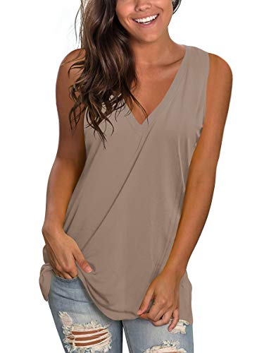 SAMPEEL Sexy V Neck T Shirt Sleeveless Tops for Women Layer Tank Tops Long Plain Khaki XL