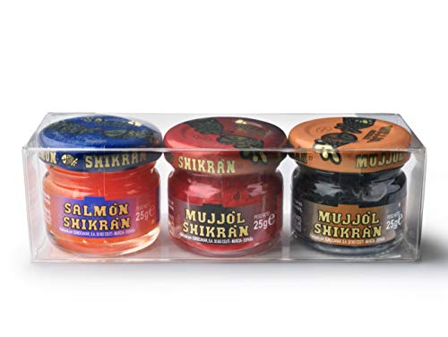 Eurocaviar - Shikran - Pack mix: 3 x 0.88 oz. Mullet Roe Caviar Pearls Black + Mullet Roe Caviar Pearls Red + Smoked Salmon Caviar Pearls