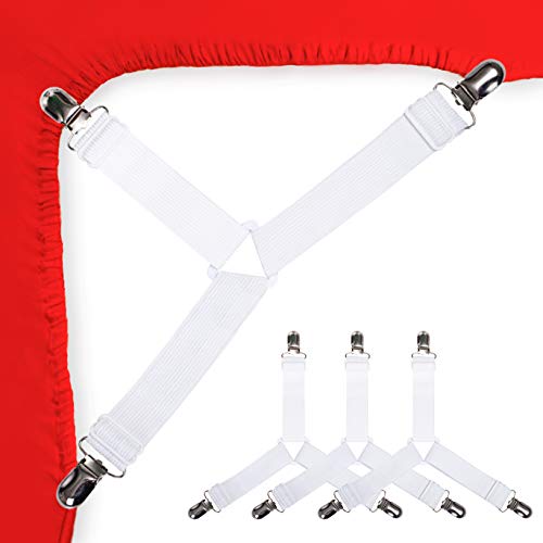 Bed Sheet Holder Corner Straps - 4 pcs White, Mattress Cover Clips to Hold Sheets in Place, Adjustable Bed Bands, Elastic Fasteners/Grippers/Suspenders Fitted for Bedding, Keepers, Bedsheet Tie Downs