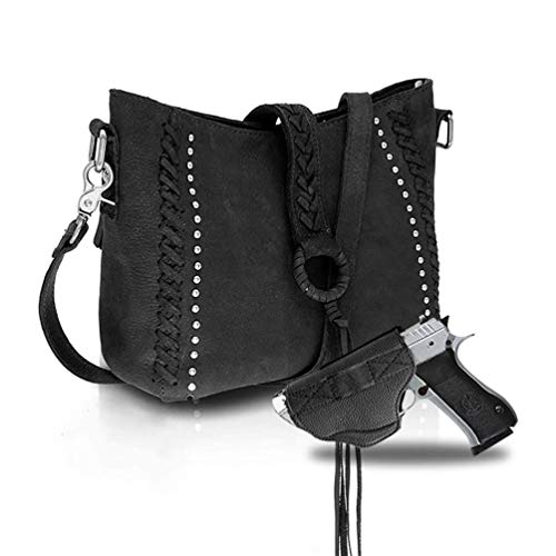 Genuine Leather Concealed Carry Crossbody Purse for Women Studded Real Cowhide Shoulder Bag With Long Strap Gun Conceal MWL-G001BK