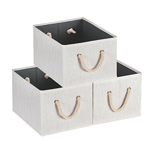 MaidMAX Cloth Storage Baskets Bins Cubes, 14.4×10×8.4'', Organizer Containers, Shelf Basket, Drawer Organizers with Two Cotton Rope Handles, Bamboo Style Slubbed Fabric, Beige, Set of 3