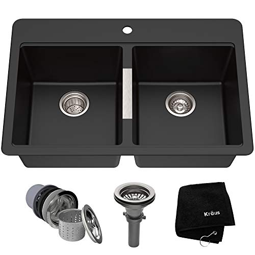 Kraus Quarza Kitchen Sink, 33-Inch Equal Bowls, Black Onyx Granite, KGD-433B model