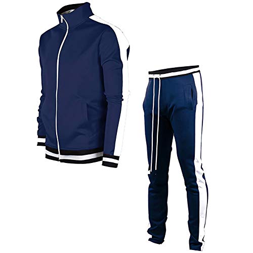 LeerKing Men's Tracksuit Activewear Joggers Sports Set Full Zip Sweat Suit for Youth Teens,Blue,S