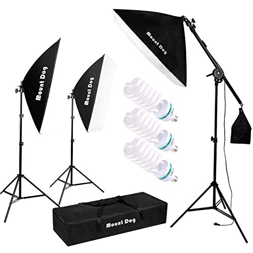 MOUNTDOG Photography Studio Softbox Lighting Kit Continuous Lighting System Photo with 3pcs E27 95W Bulbs Arm Holder Photo Video Soft Box Lighting Set for YouTube Filming Portrait Shooting